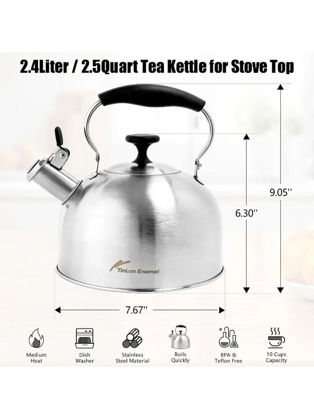 Silver Stainless Steel Whistling Tea Kettle 2.4L Stovetop Induction Gas Handle
